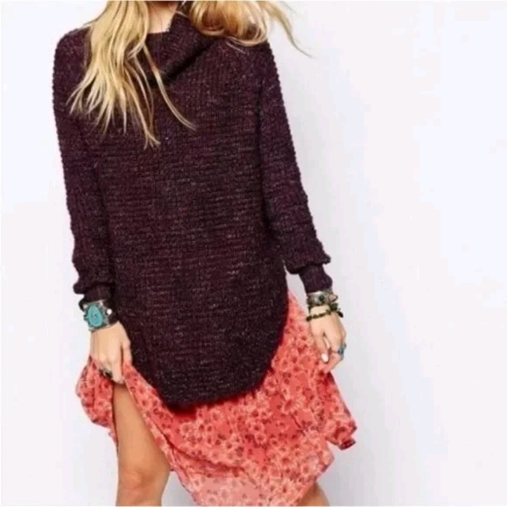 Free People Dylan Tweedy Oversized Knit Sweater Turtleneck Plum Pullover XS